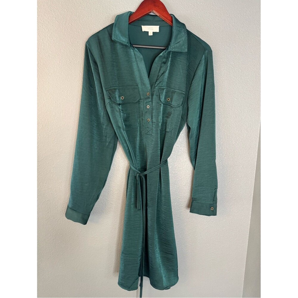 Lucky brand womenโs XL Emerald green shirt dress tie waist long sleeve button